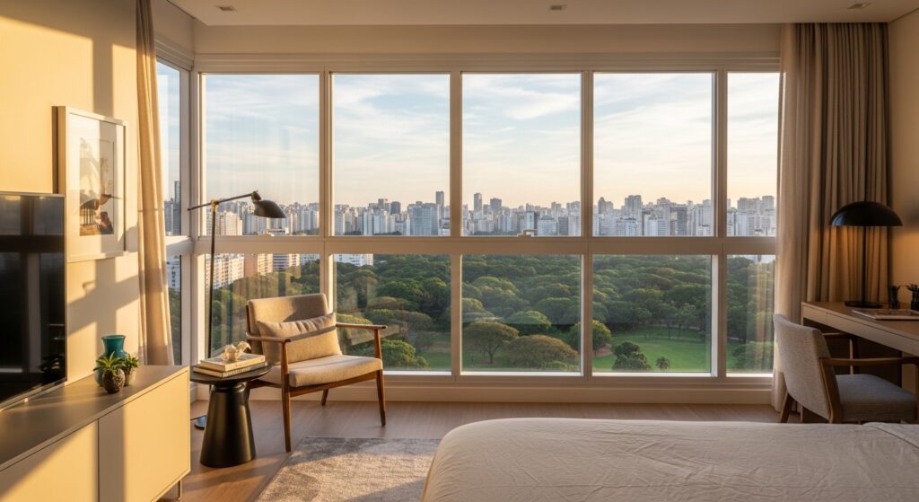 Estúdio moderno em São Paulo com vista do skyline — investir em estúdio